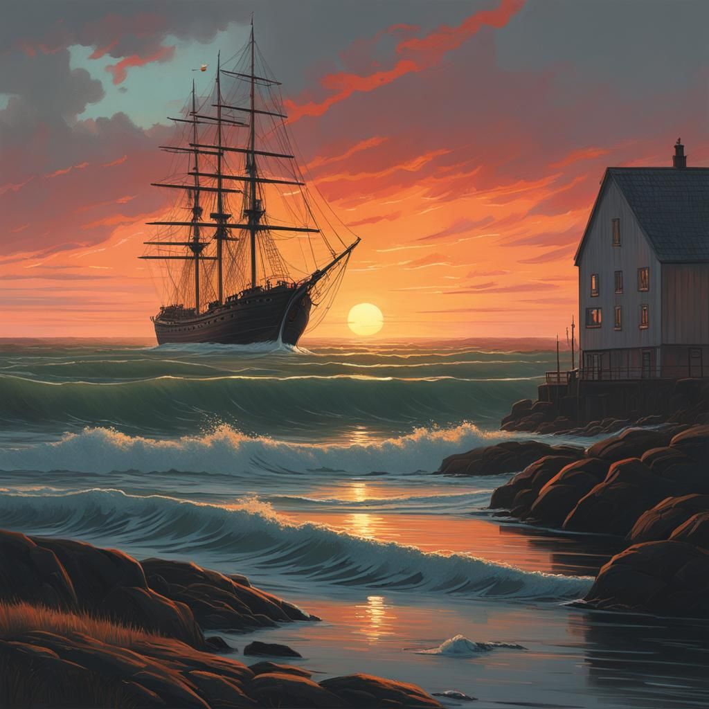 Sailing Ship Amidst Stormy Sunset, Retro Sci-Fi Art