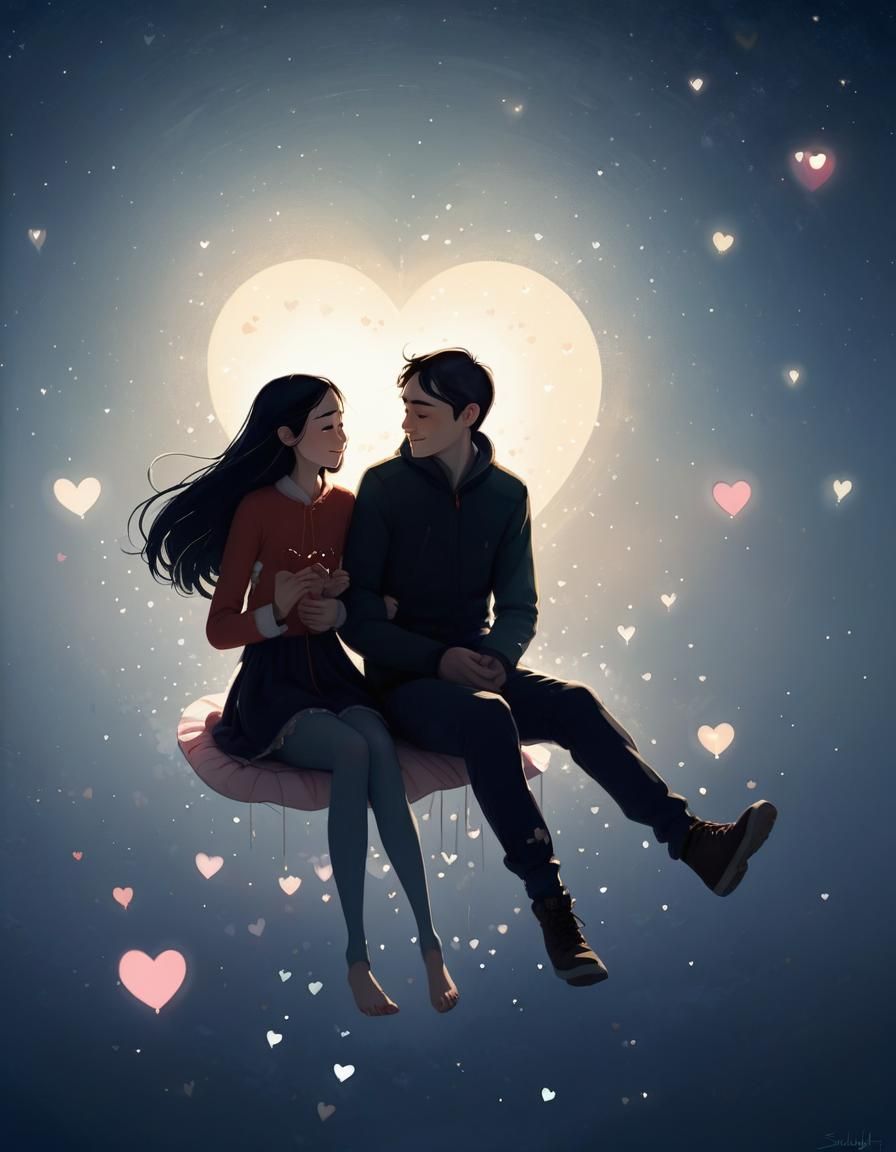 Couple Surrounded by Floating Hearts Illustration