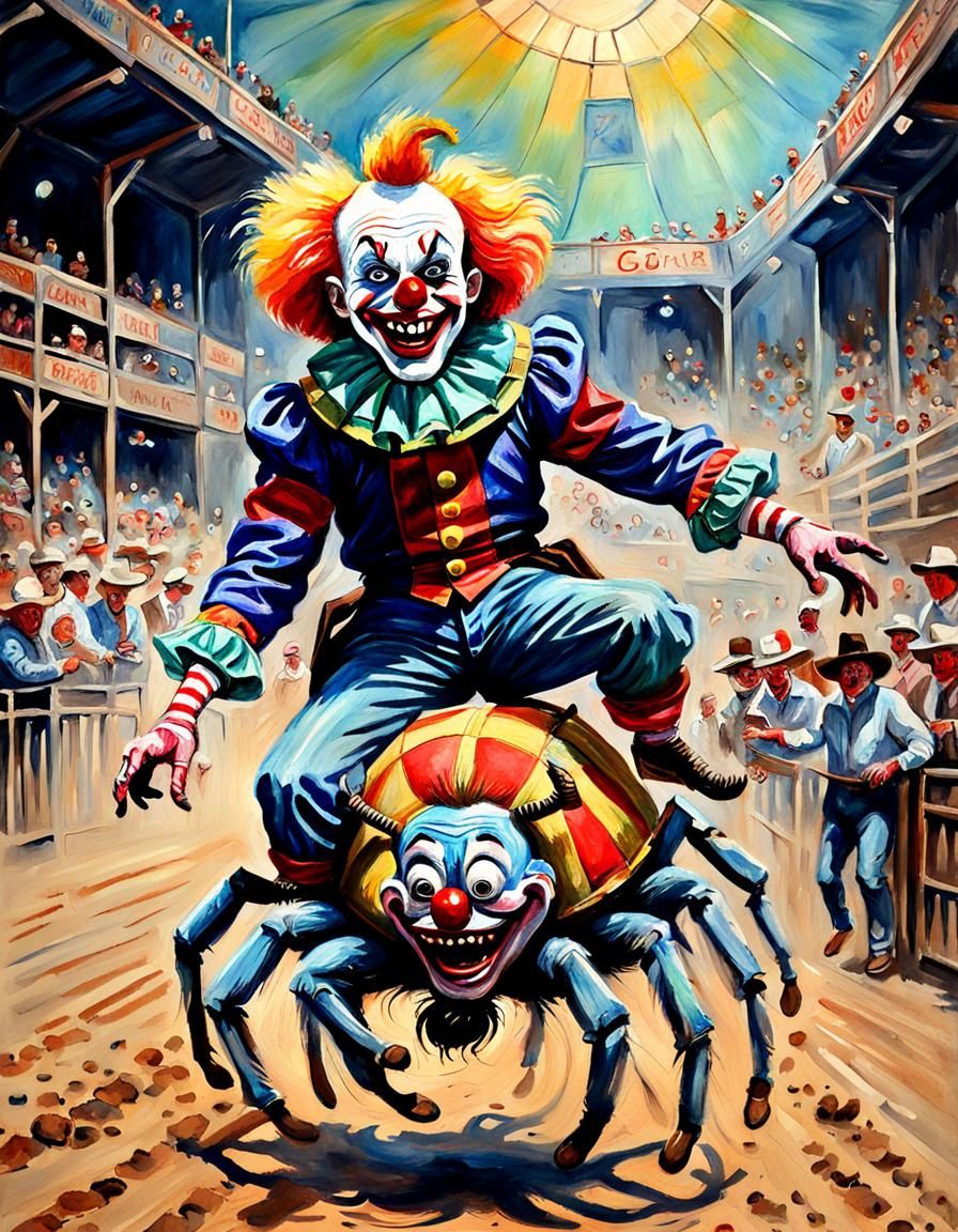 Clown Rides Spider at Rodeo in Gouache Style