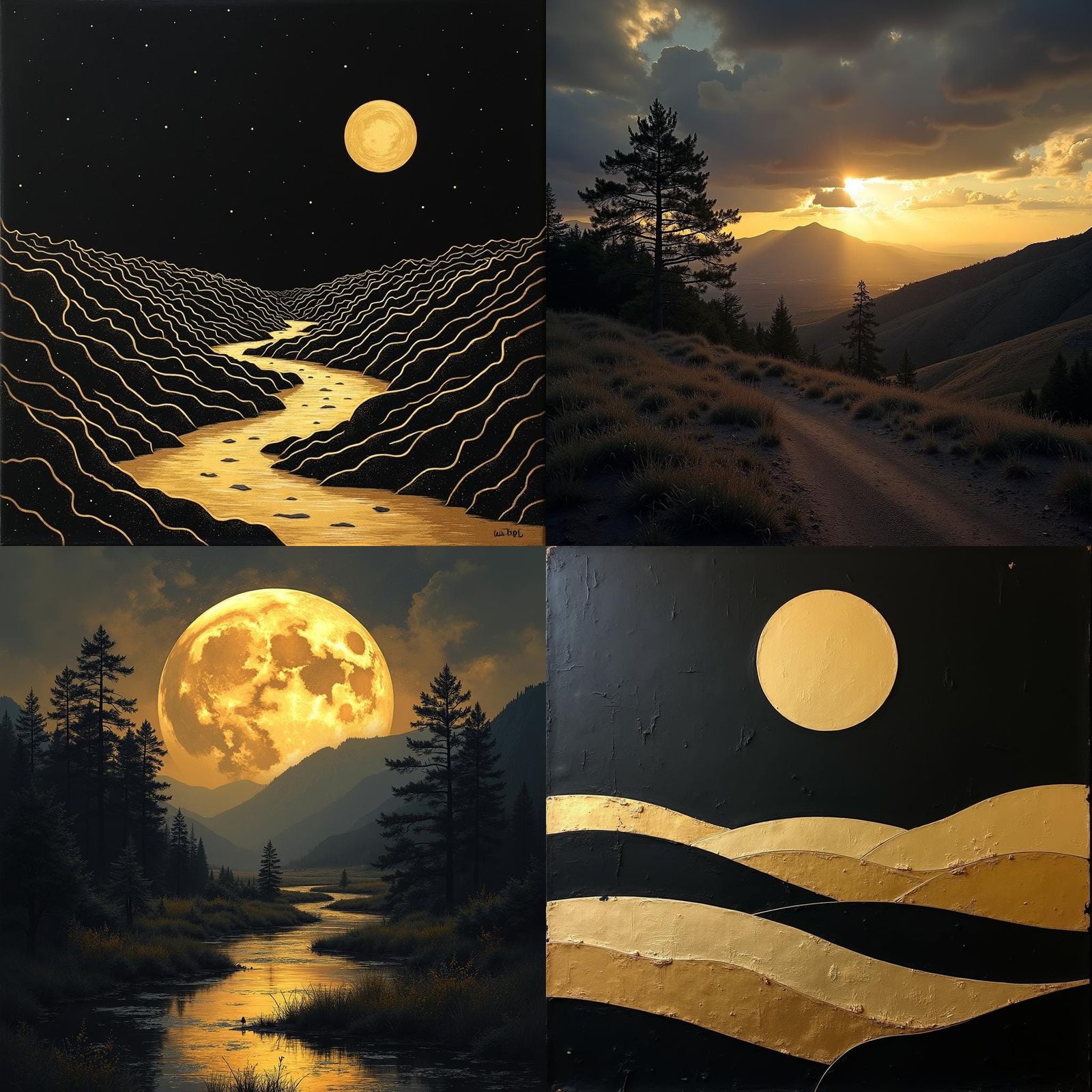 Dramatic Black and Gold Landscape Art