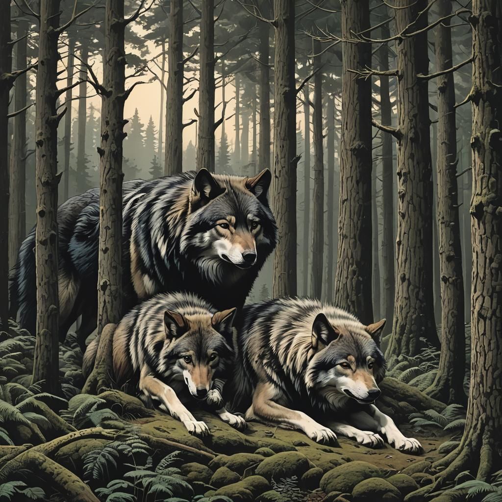 Sleeping Wolf in Forest