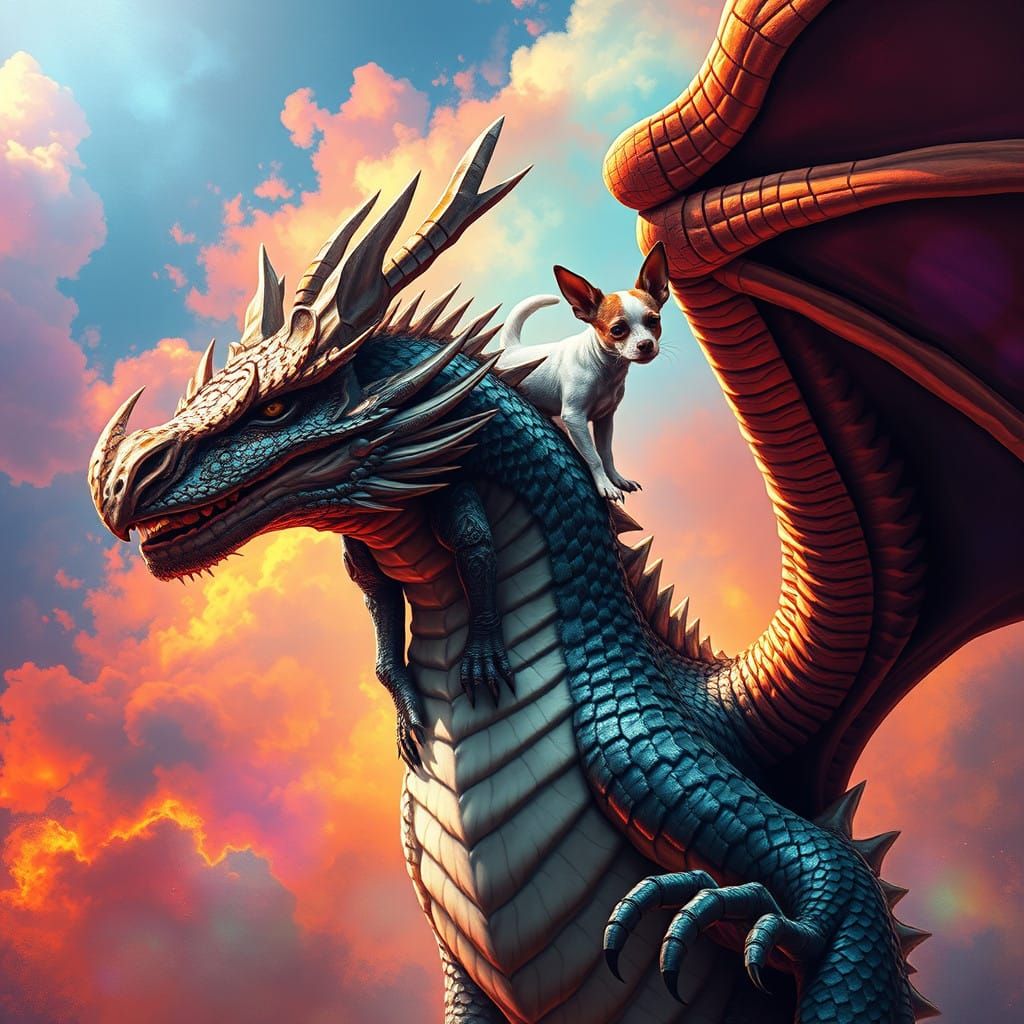 Majestic Dragon Surrounded by Jack Russell in Hyperrealistic...