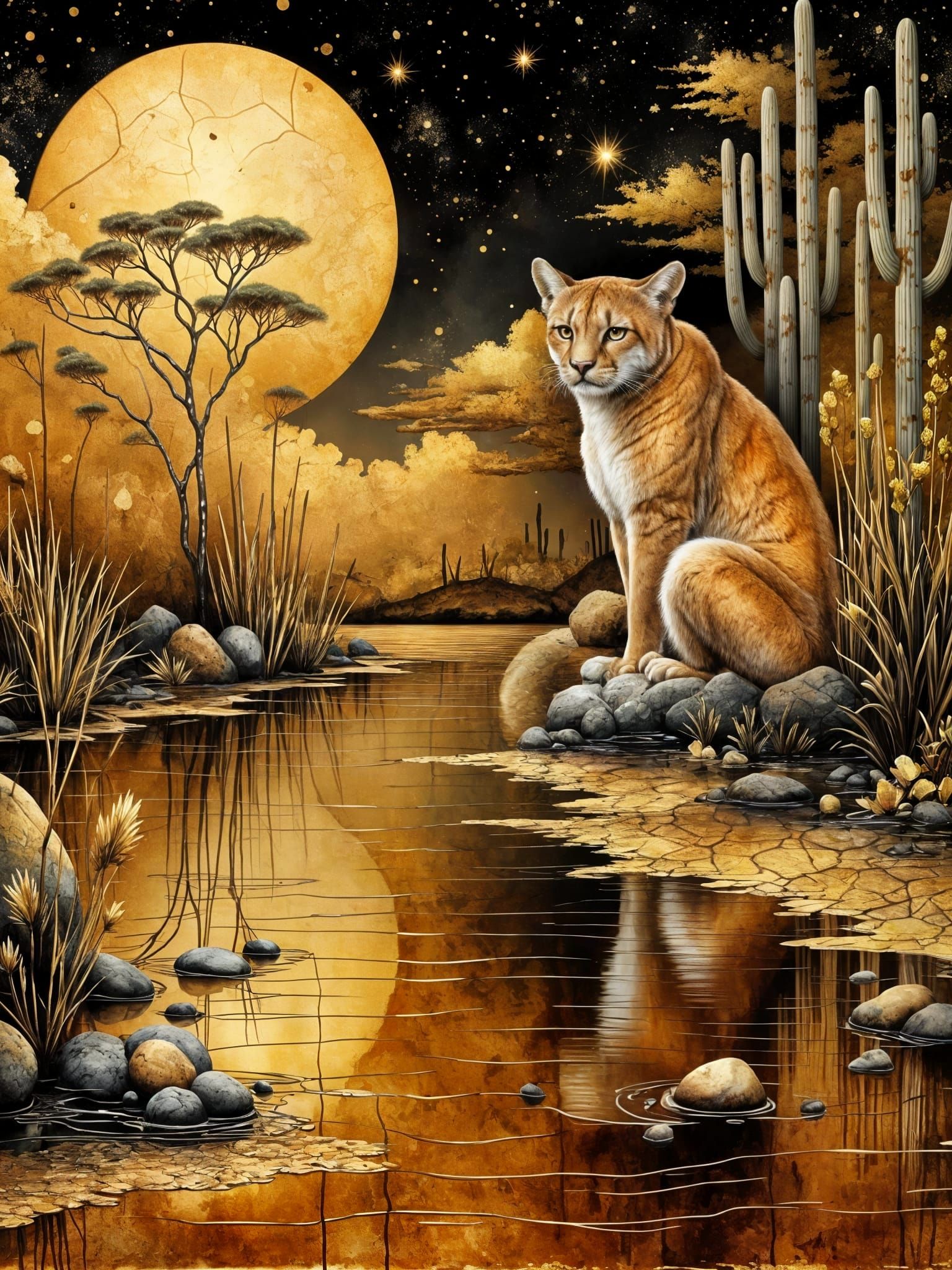 Cougar in Kintsugi Desert with Metallic Accents