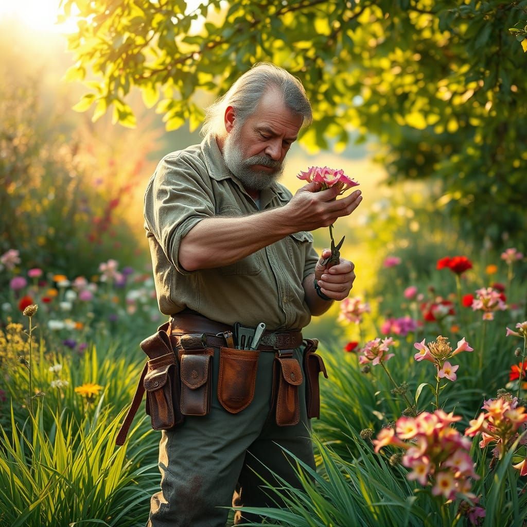 Rugged Gardener in Lush Botanical Paradise