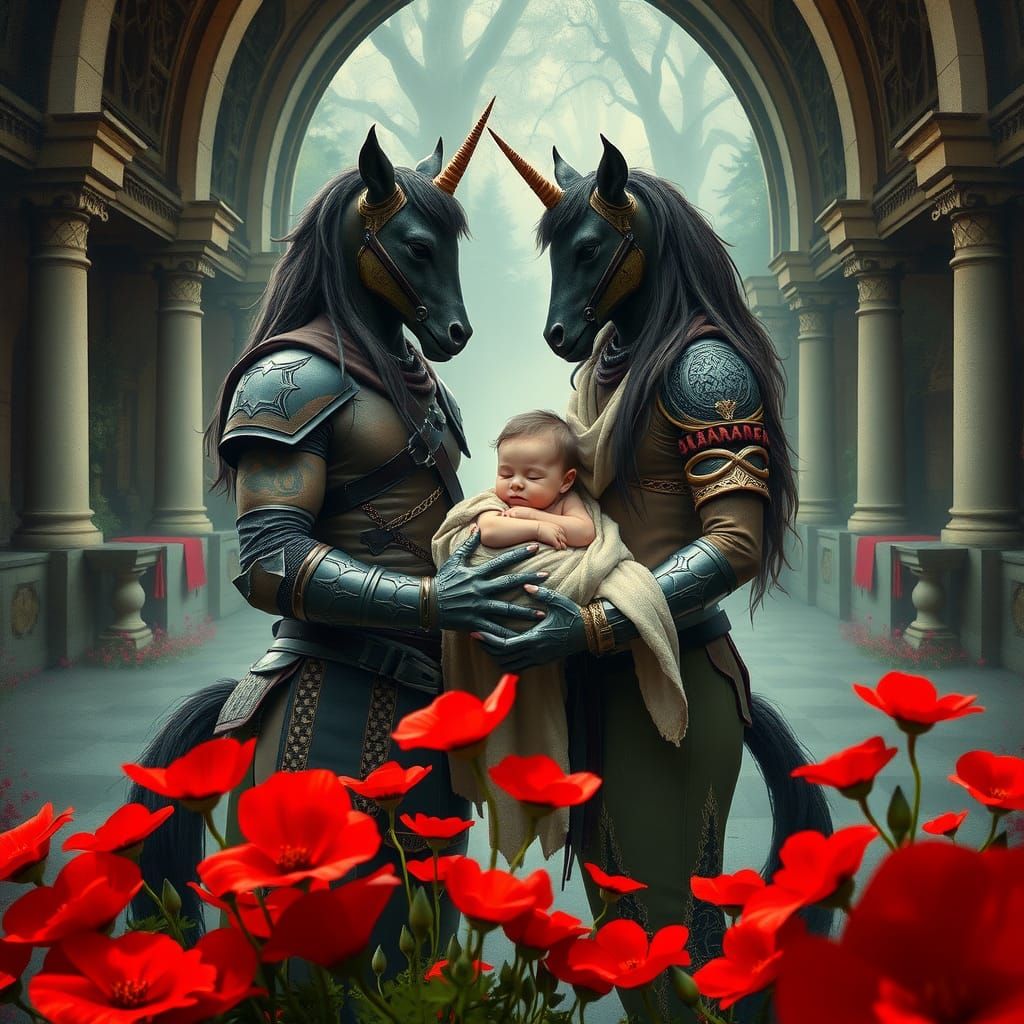 Centaurs Celebrate Newborn in Enchanted Forest, Ink Splatter...