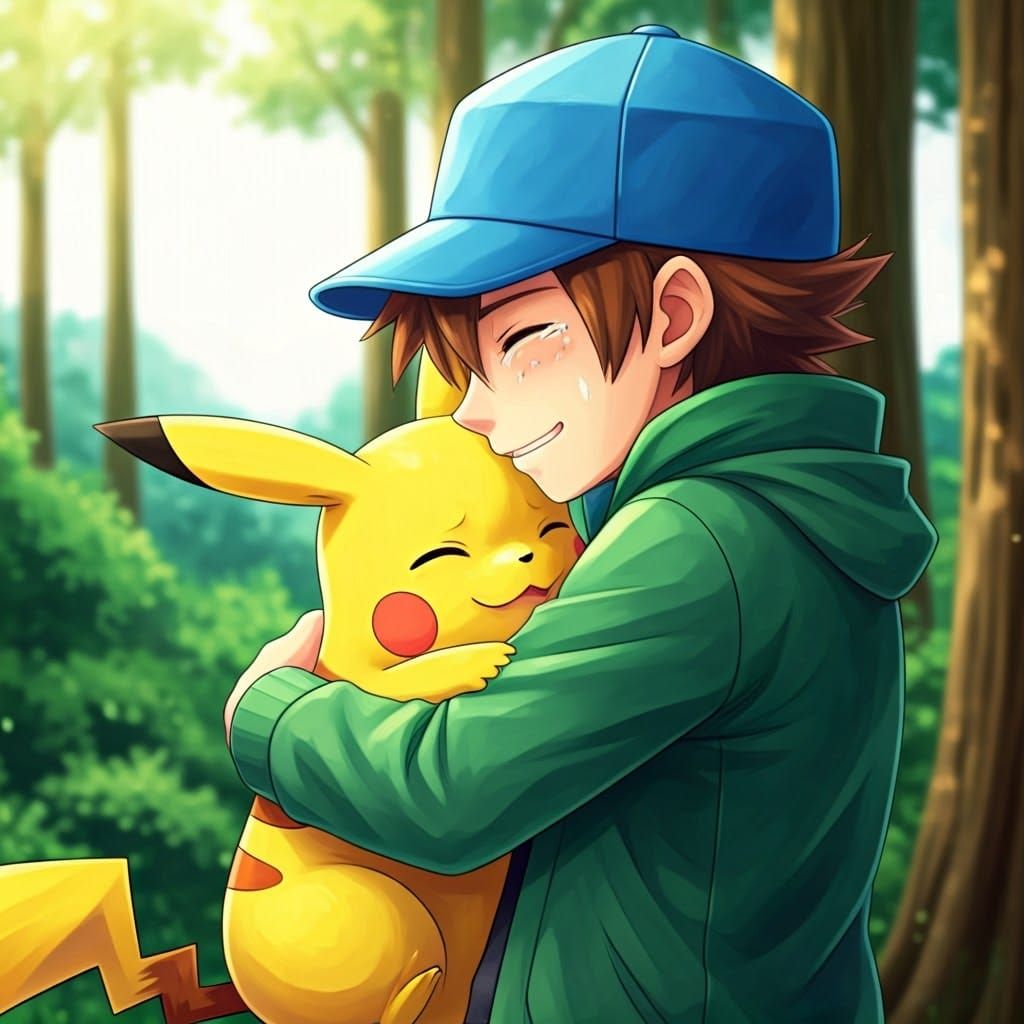 Joyful Reunion: Trainer and Pikachu in Watercolor Forest