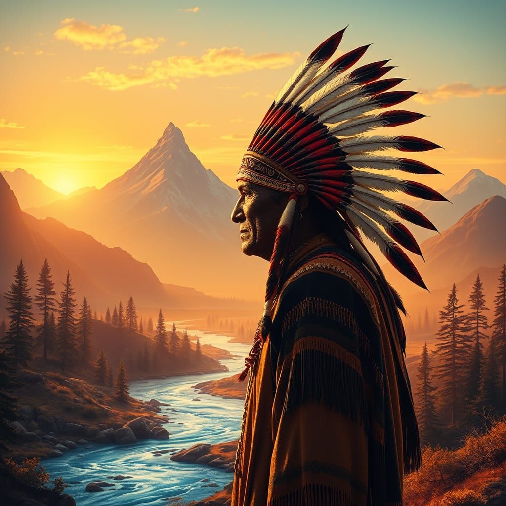Native American Chief in Sunset Landscape with Feathered Hea...