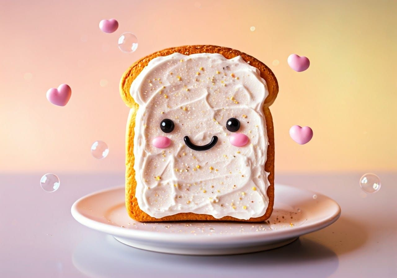 Smiling Toast with Hearts in Kawaii Style