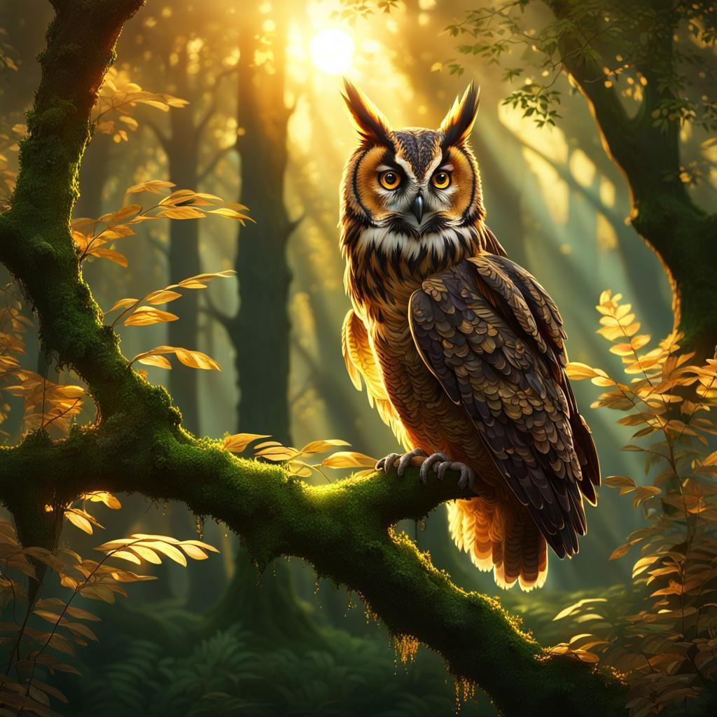 Long-Eared Owl at Sunset in Forest