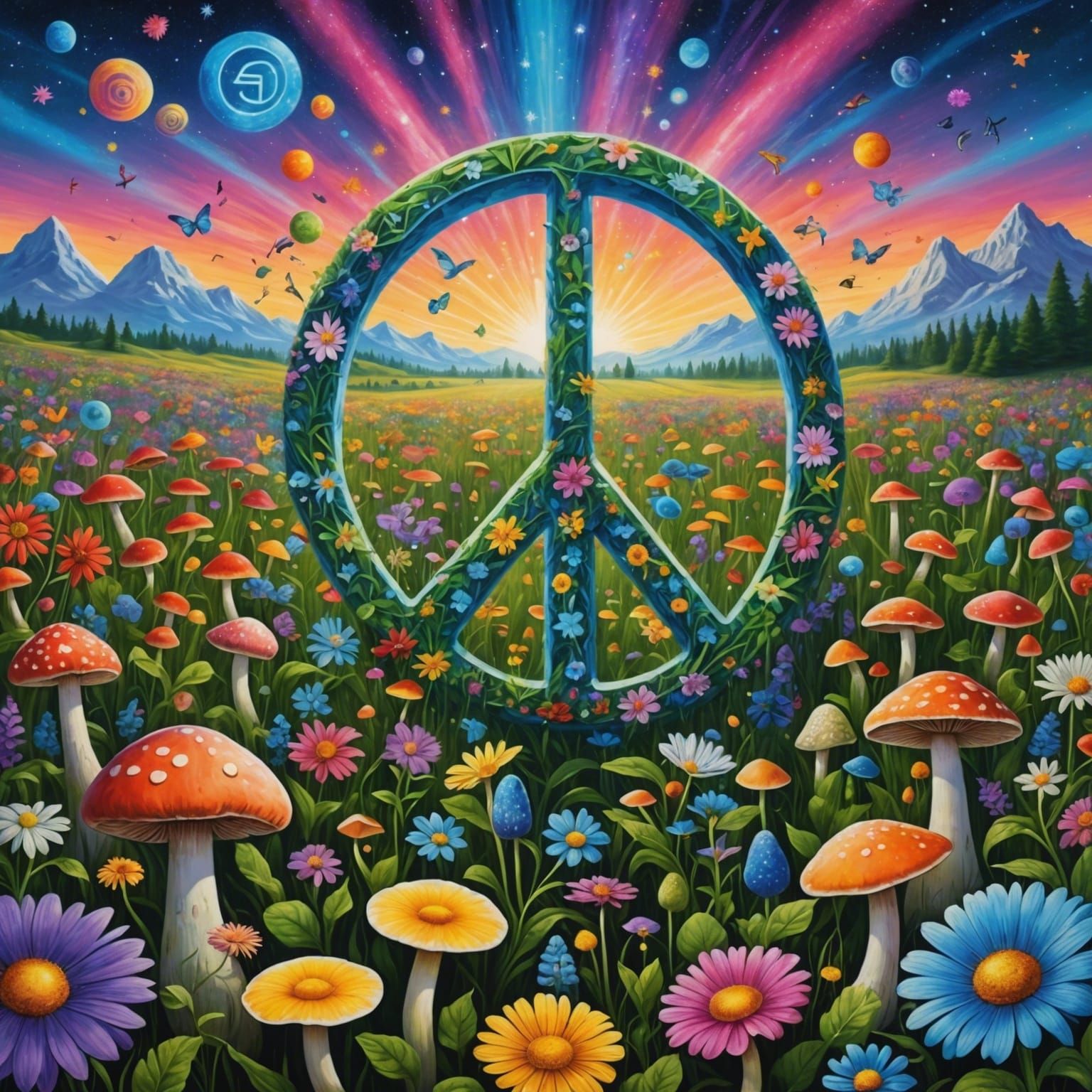 Psychedelic Peace Sign in Astral Flower Field