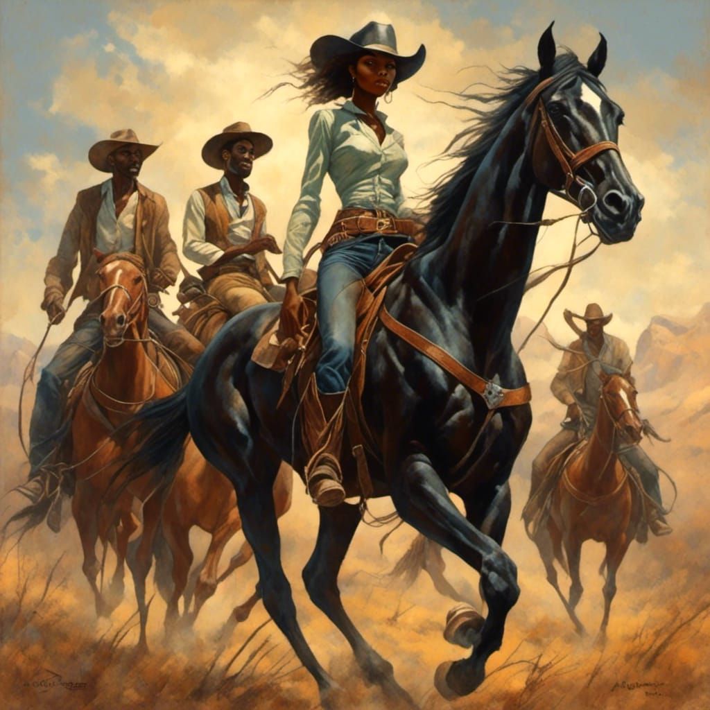 Black Cowgirl Leads Horses in Cowboy Art Style