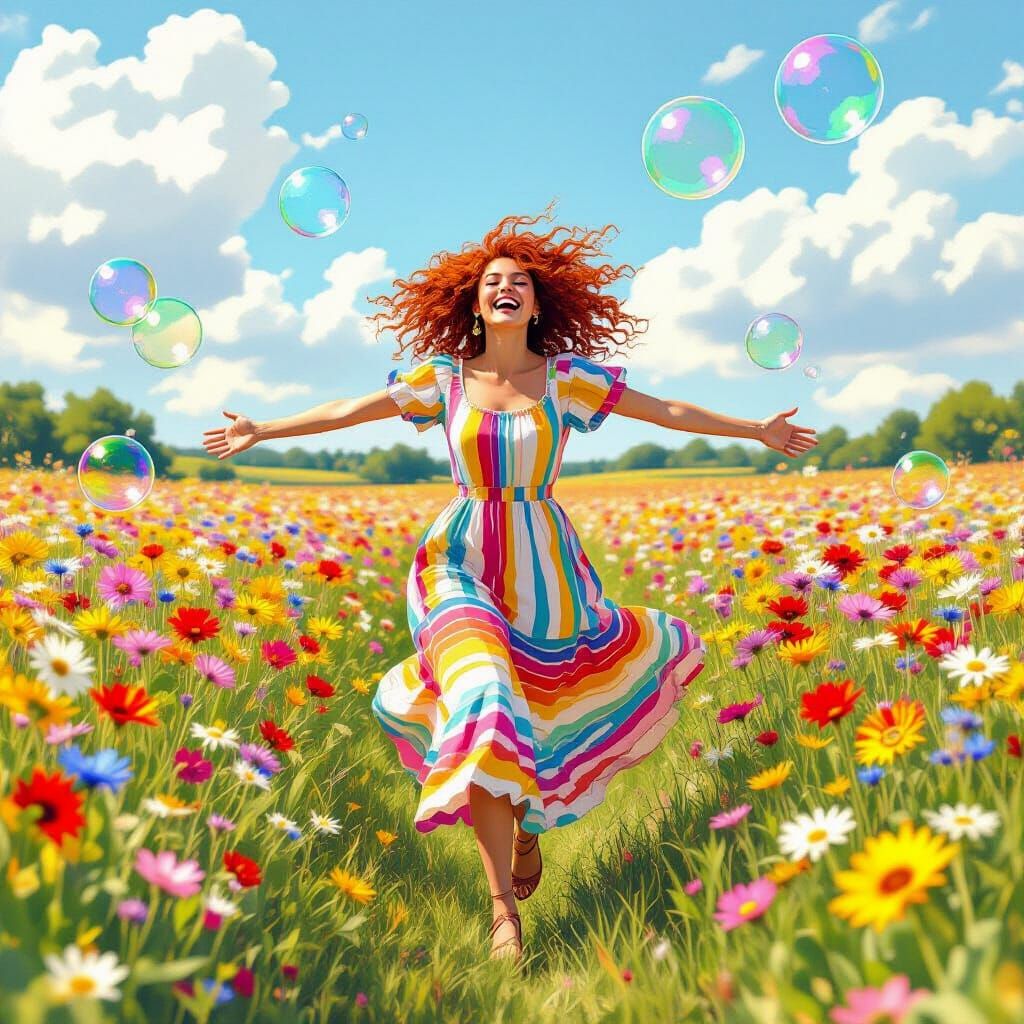 Woman Runs Through Flower Field in Watercolor Style