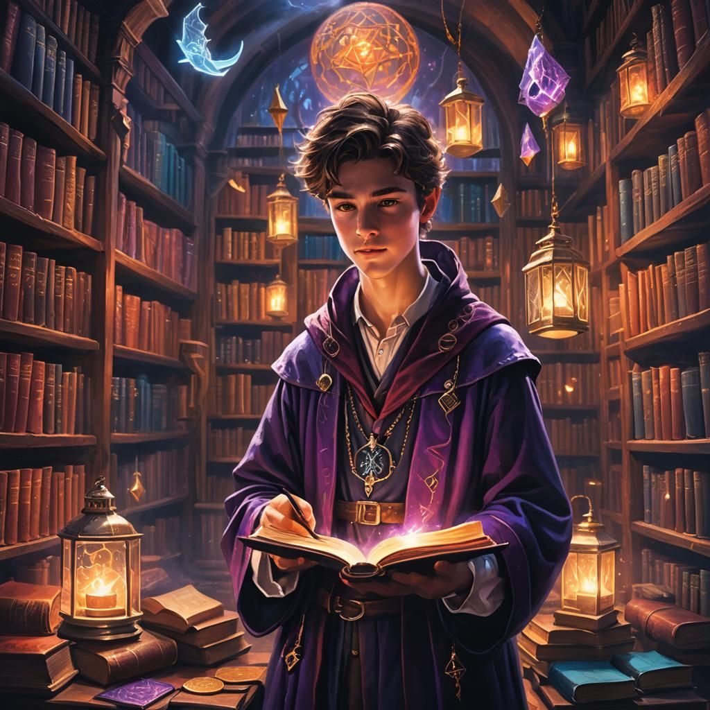 Teenage Wizard in Mystical Library: Oil Painting