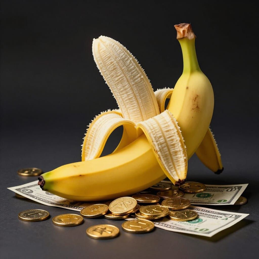 Banana Eating Money in Hyperrealistic Surreal Style