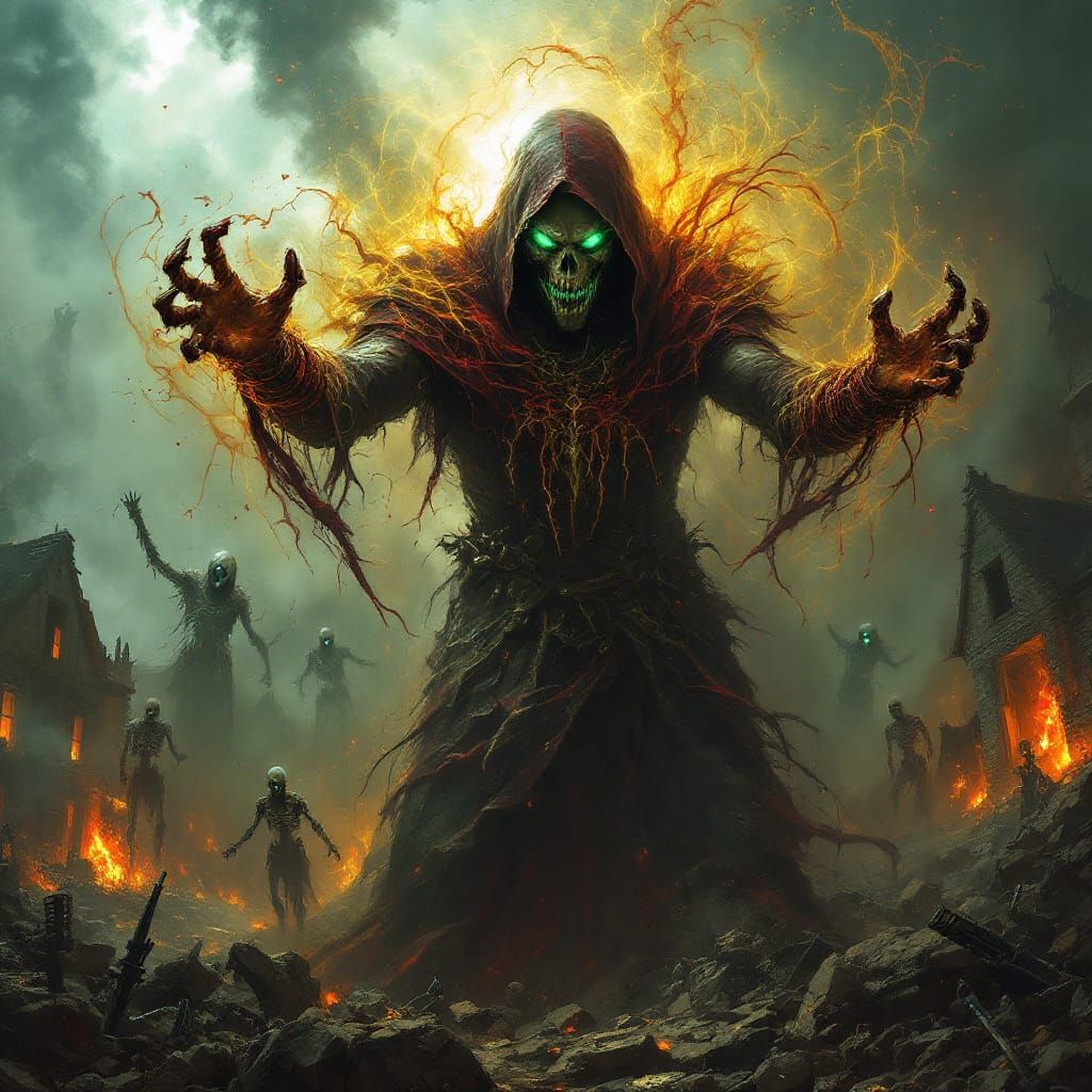 Grim Necromancer Summons Undead in Fiery Village