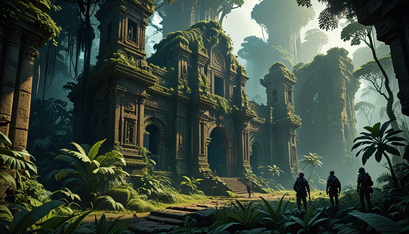 Explorers Find Lost City in Peruvian Jungle, Dark Fantasy Ar...