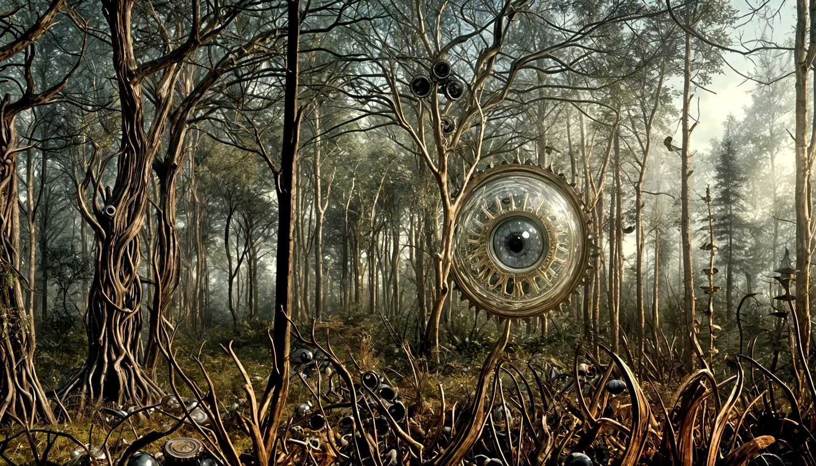 Surreal Mechanical Eye Reflecting Forest Landscape