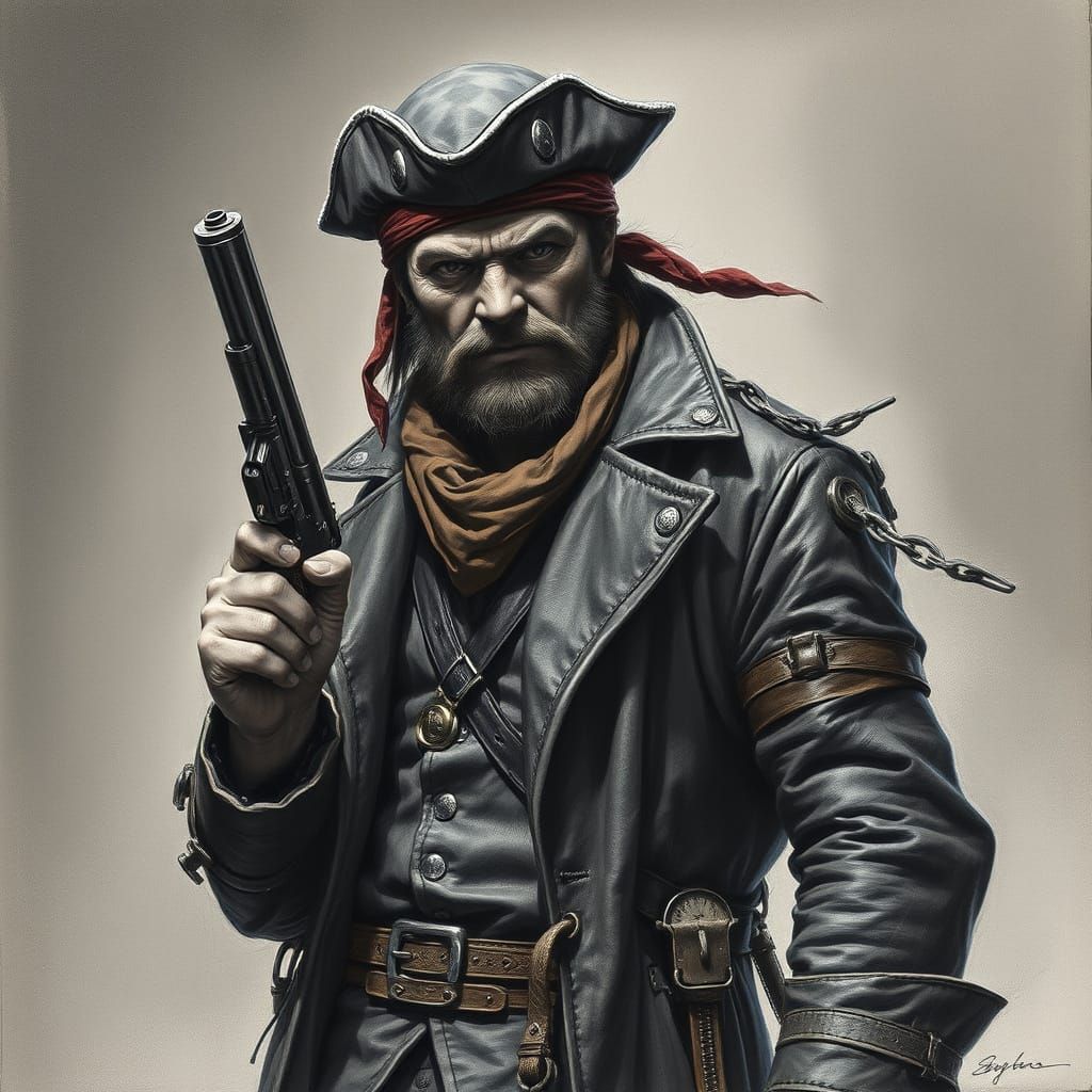 Pirate with Pistol: Charcoal Drawing in Dark Realism Style