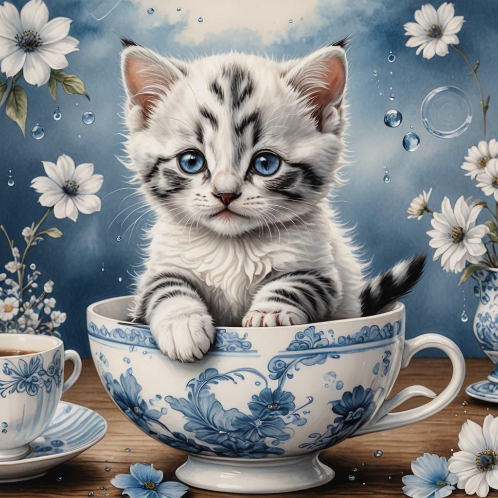Striped Kitten in Cup, Charcoal Drawing with Blue Accents