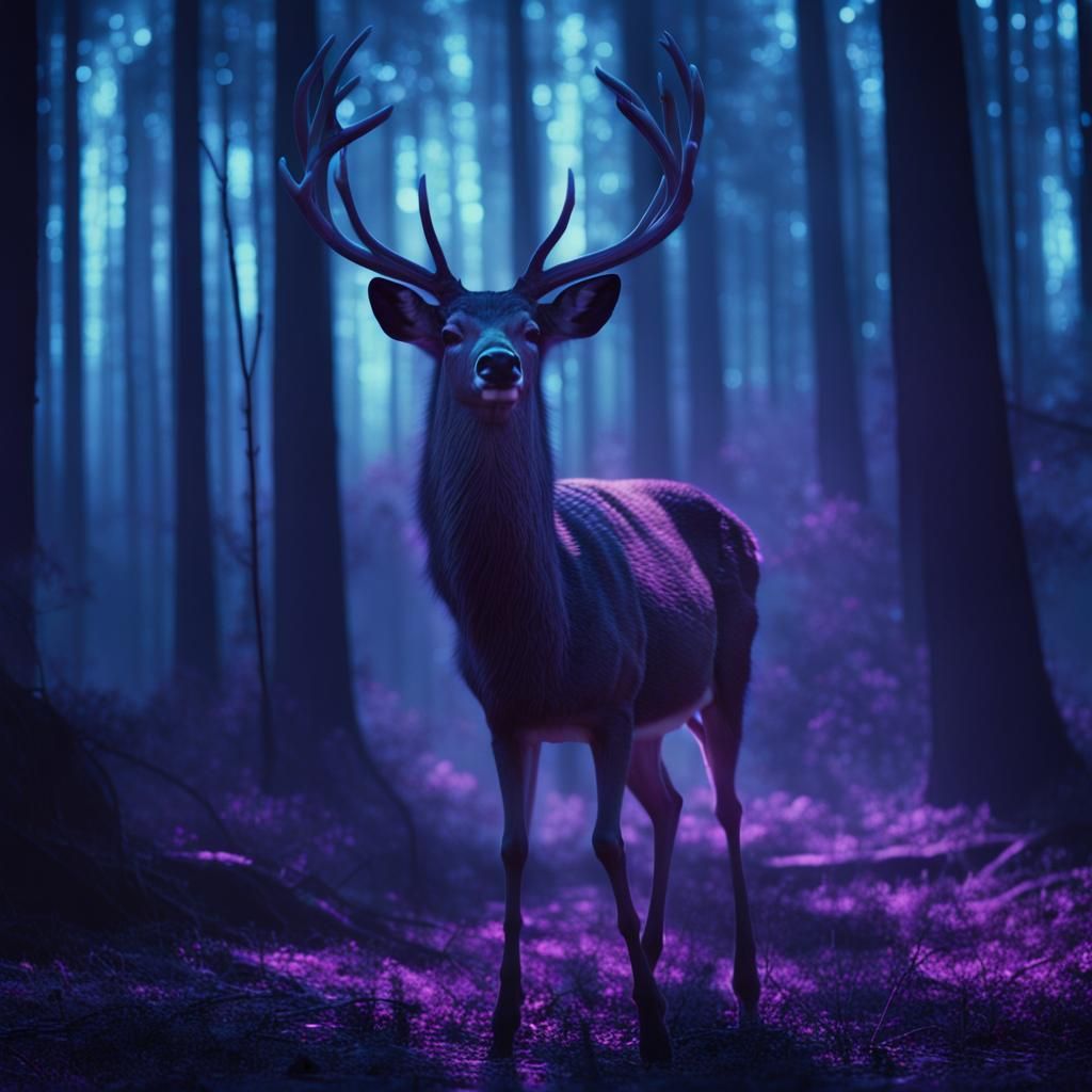 Ethereal Deer Illuminated in Dark Forest Vignette