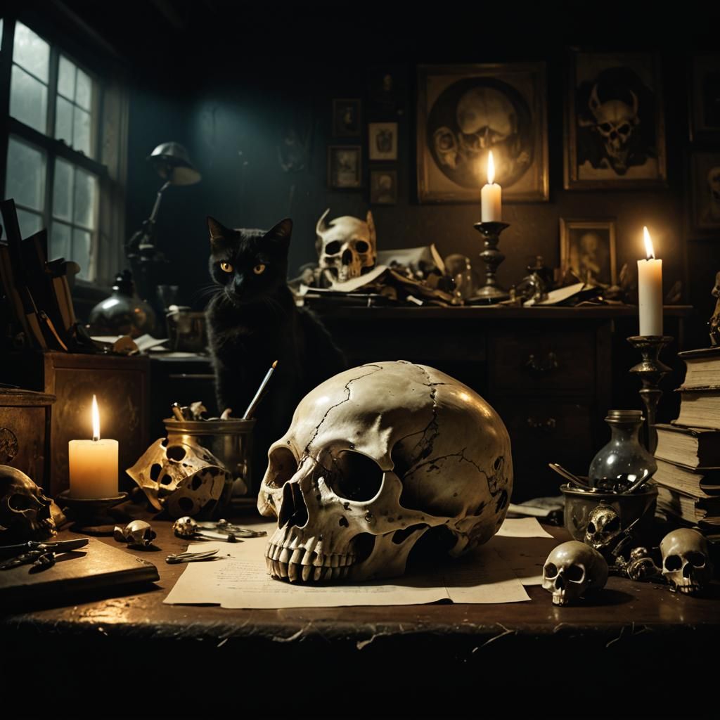 Dark Surreal Cat Skull on Desk