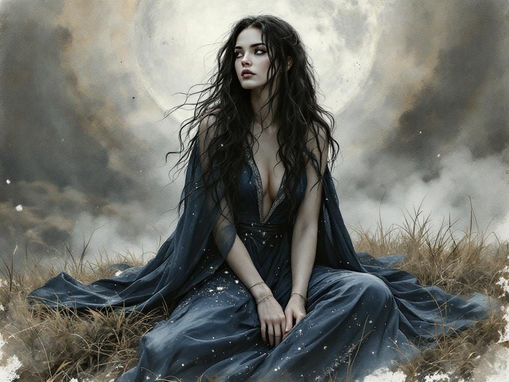 Norse Goddess in Moonlight: Watercolor on Parchment