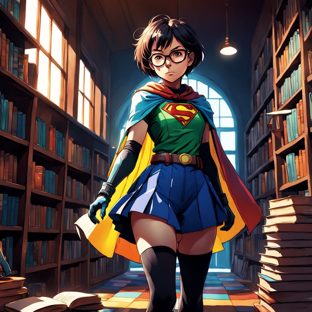 Eccentric Superhero Librarian in Colorful Library