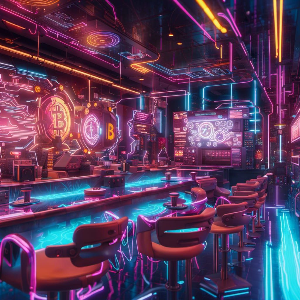A Futuristic Bitcoin Cyberpunk Cafe Mechanized Computerized Very Cool Neon Intricate Detail