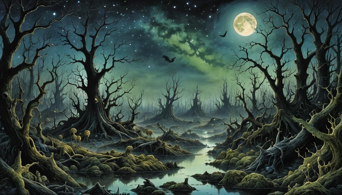 Gothic Swamp Creatures in Watercolor Painting