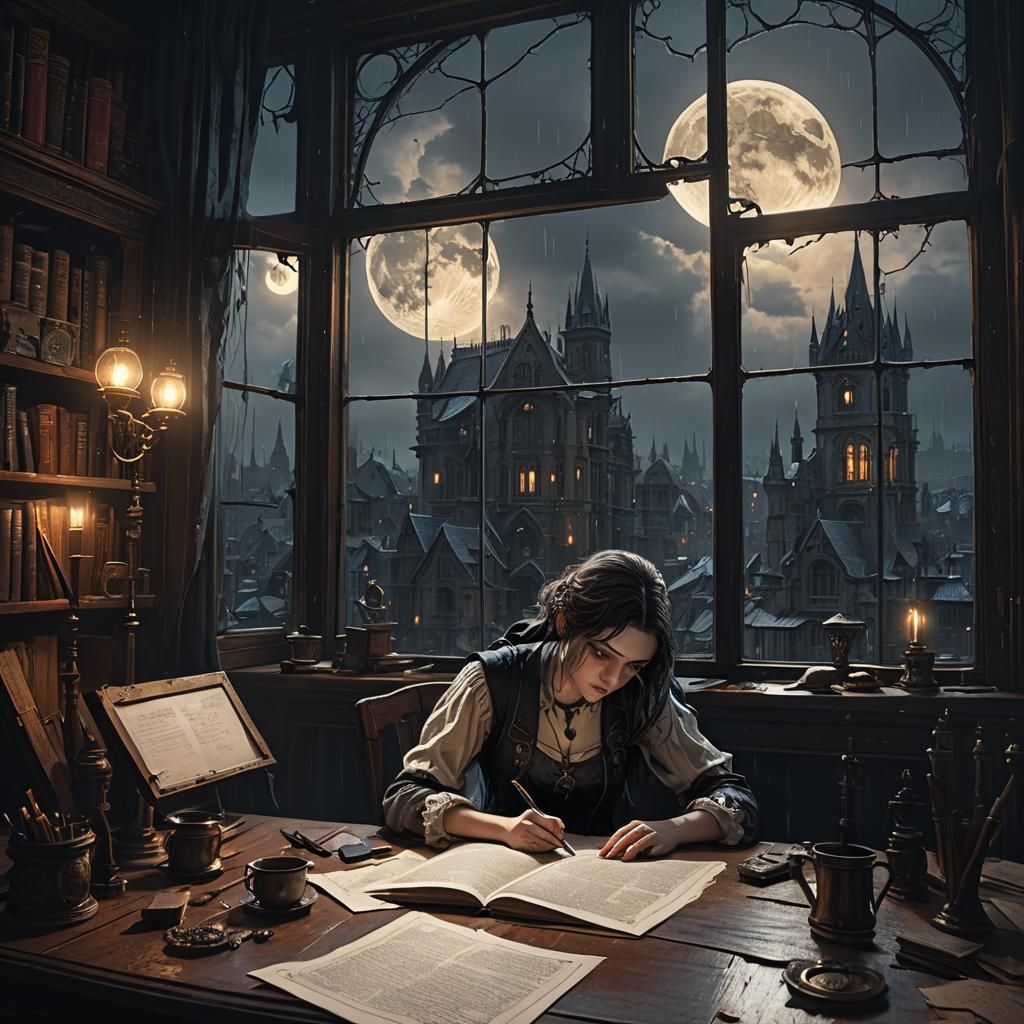 Heartbroken Girl Writes Under Moonlight: Gothic Art