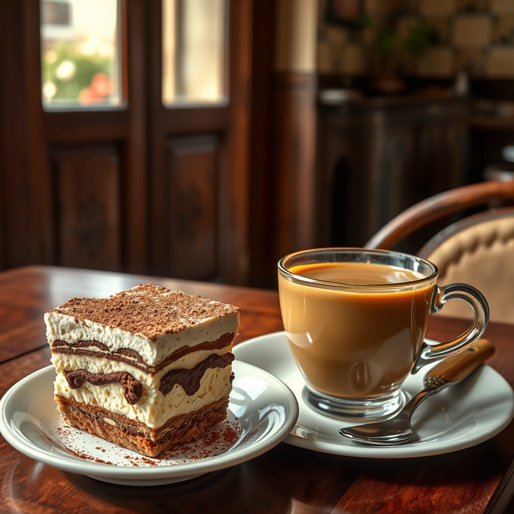 Hyperrealistic Italian Cafe Still Life with Tiramisu and Esp...