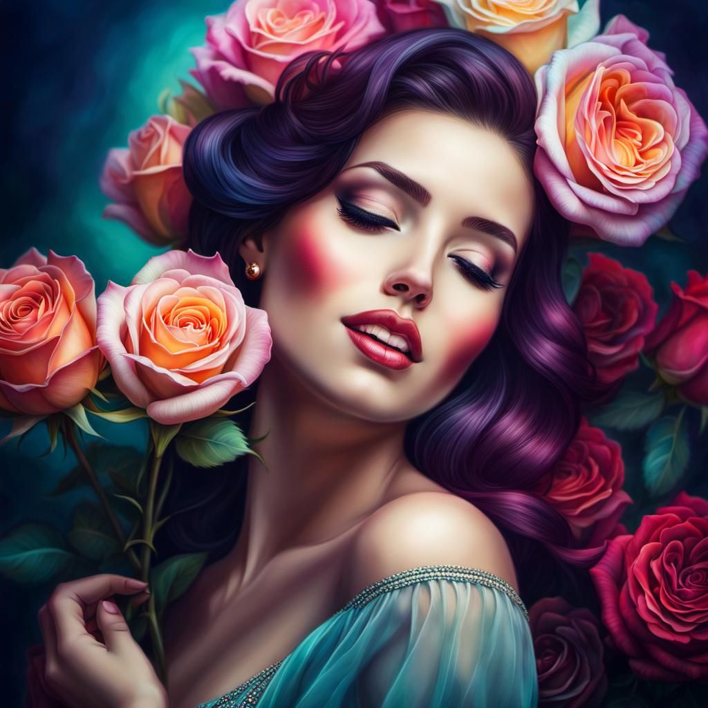 Radiant Woman with Roses in Hyperrealistic Style