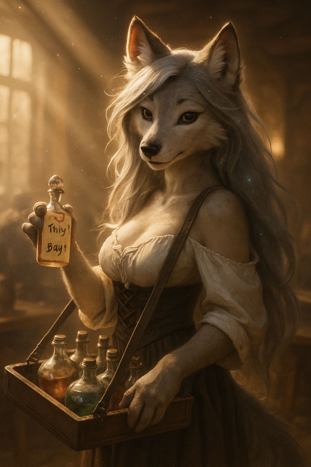 Enchanted Tavern Encounter: Furry Wolf Barmaid in Cosmic Glo...