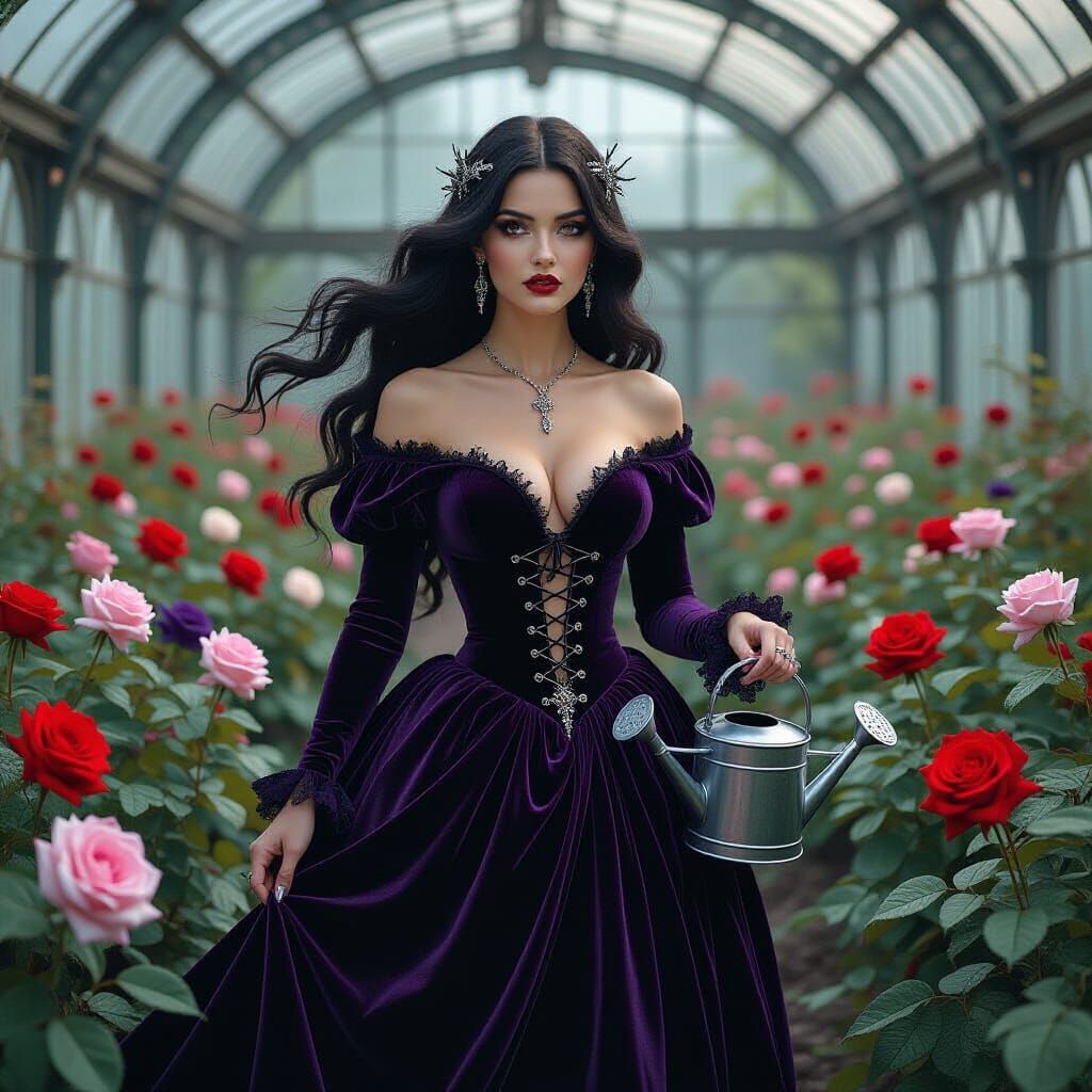 Gothic Woman in Greenhouse of Genetically Modified Roses
