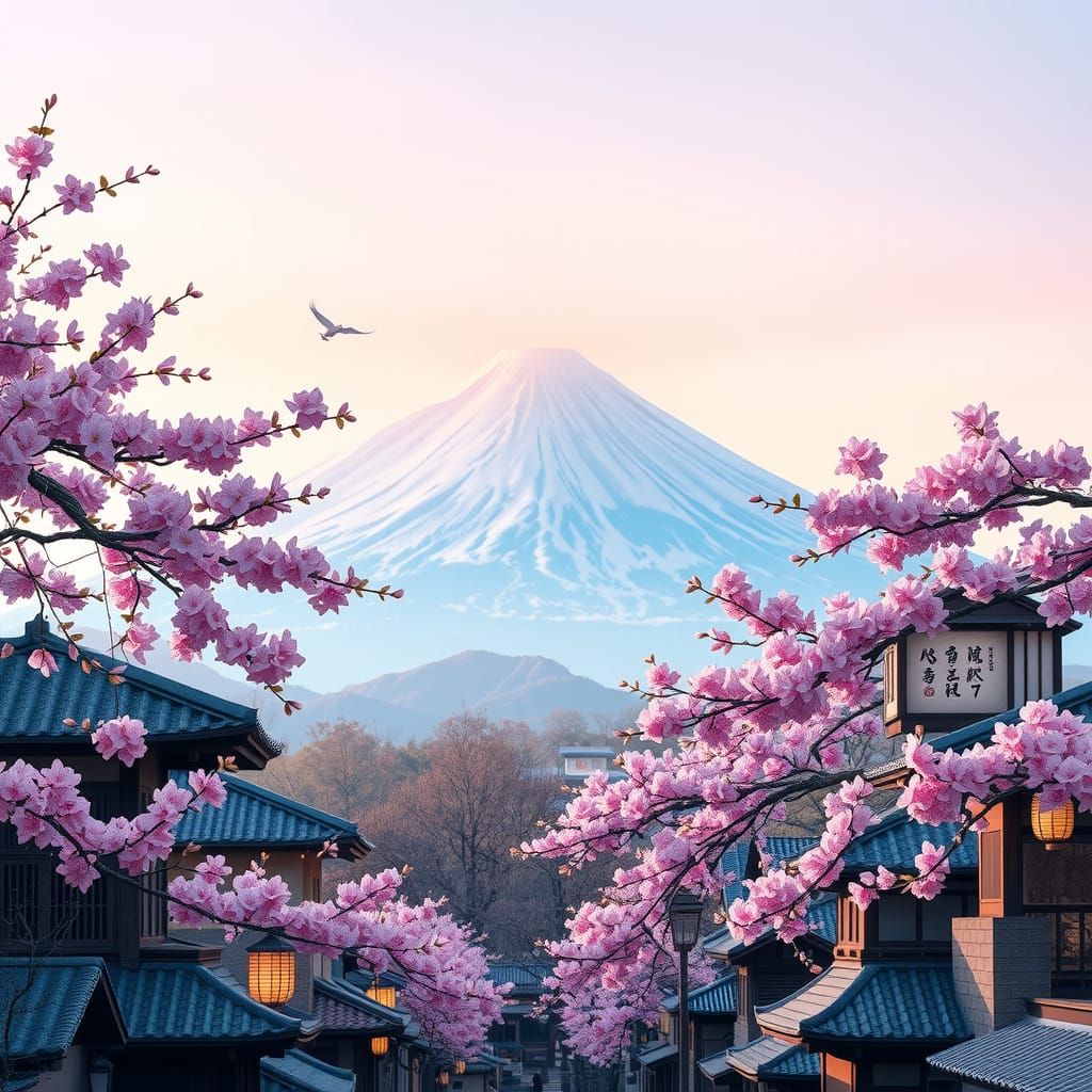 Mount Fuji and Edo-Period Town in Ukiyo-e Style