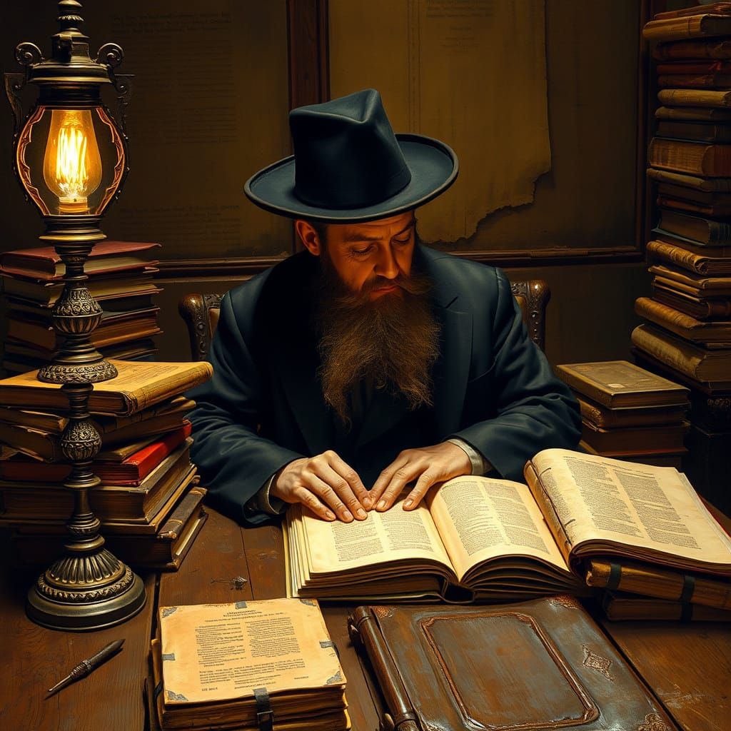 Rabbi Studying Ancient Texts: Rembrandt and Chagall Style