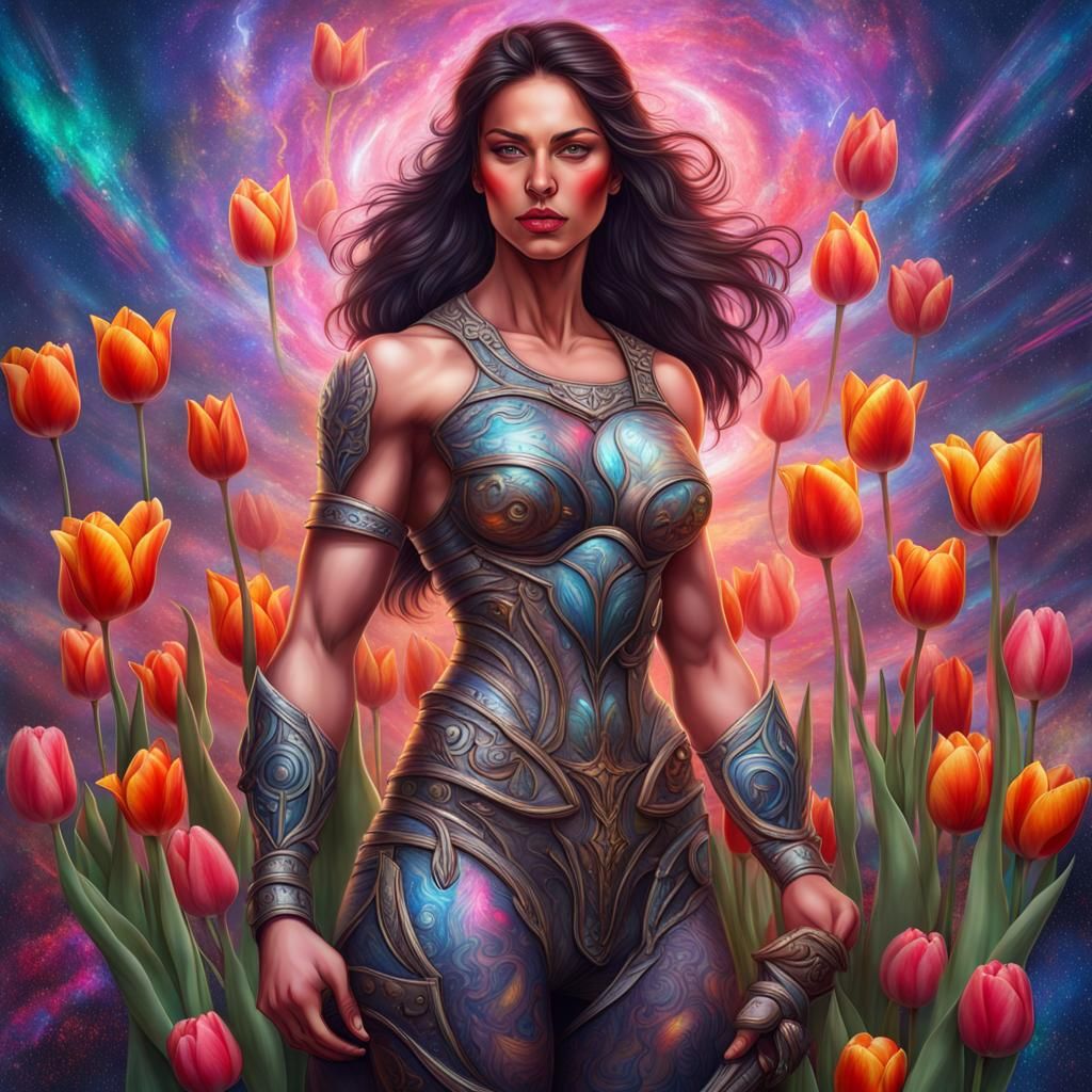 Brunette Warrior with Tulips and Cats in Astral Illustration
