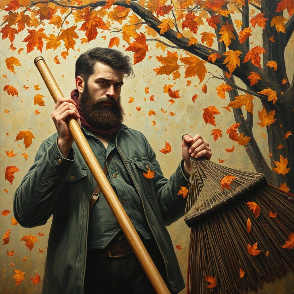 Bearded Man Raking Leaves in Surreal Modern Art