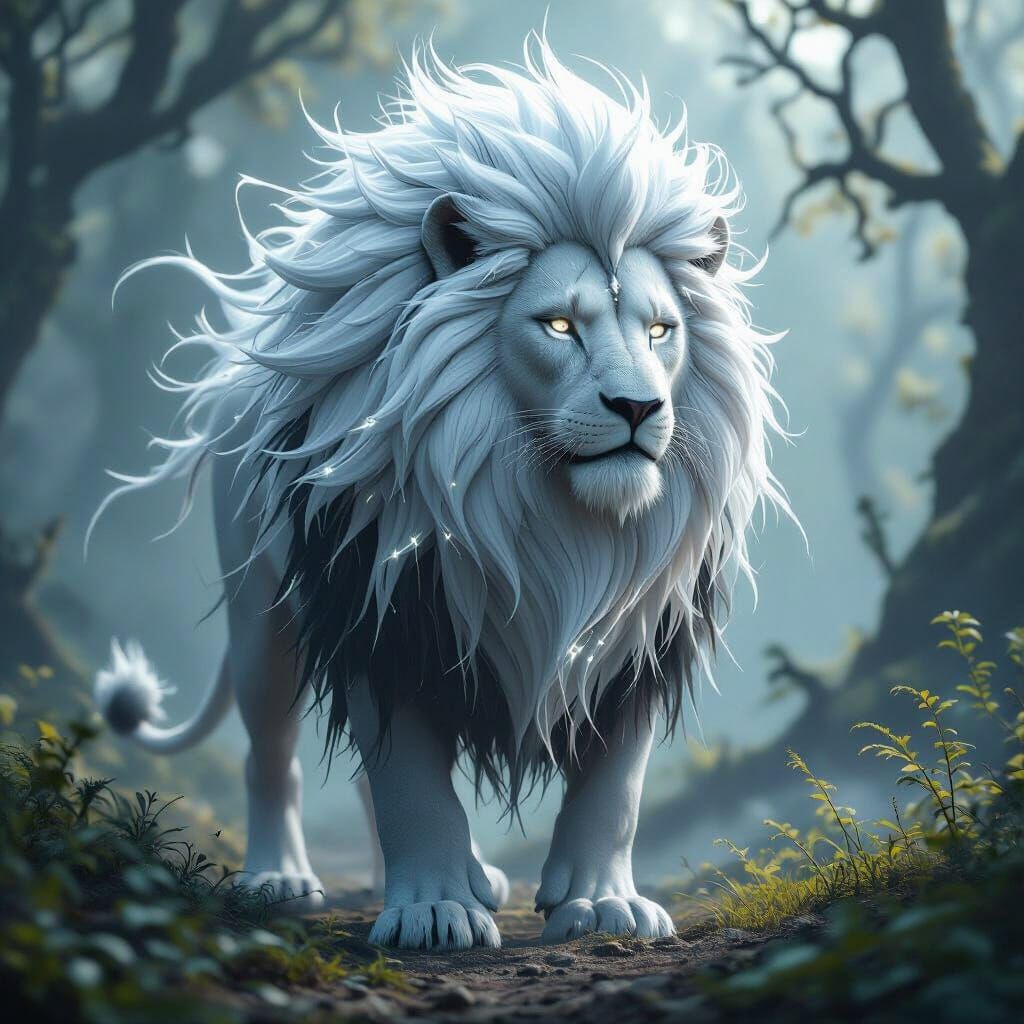 Lion with Braided Mane in Steampunk Forest