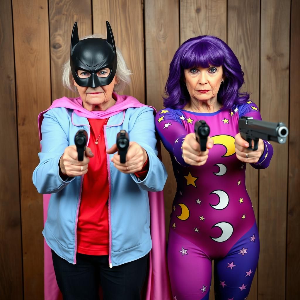 Elderly Superhero Women Aiming Pistols