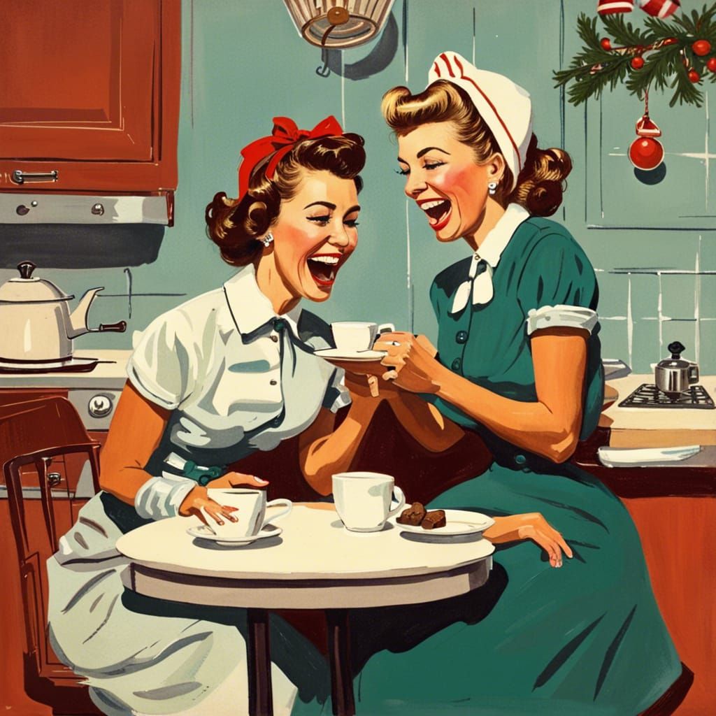 1950s Housewives Laughing at Christmas in Gouache Style