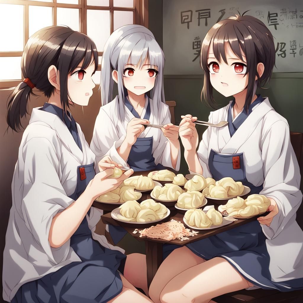 Anime Style: Girls Eating Dumplings