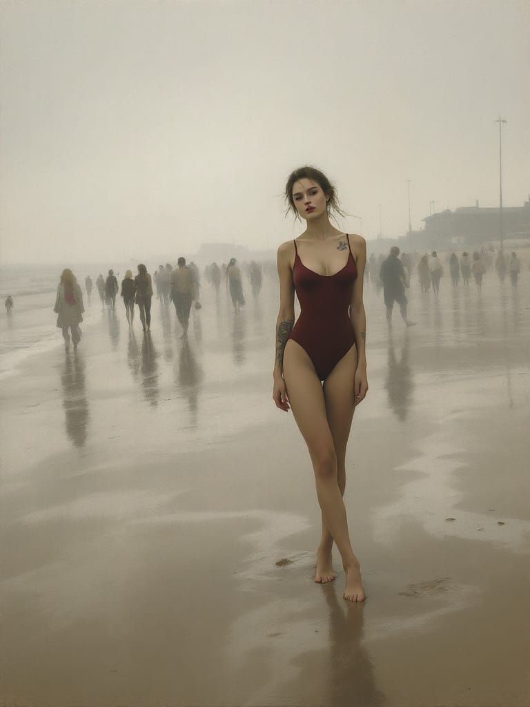 Pin-Up Woman on Boardwalk in Maroon Swimsuit, Hyperrealistic...