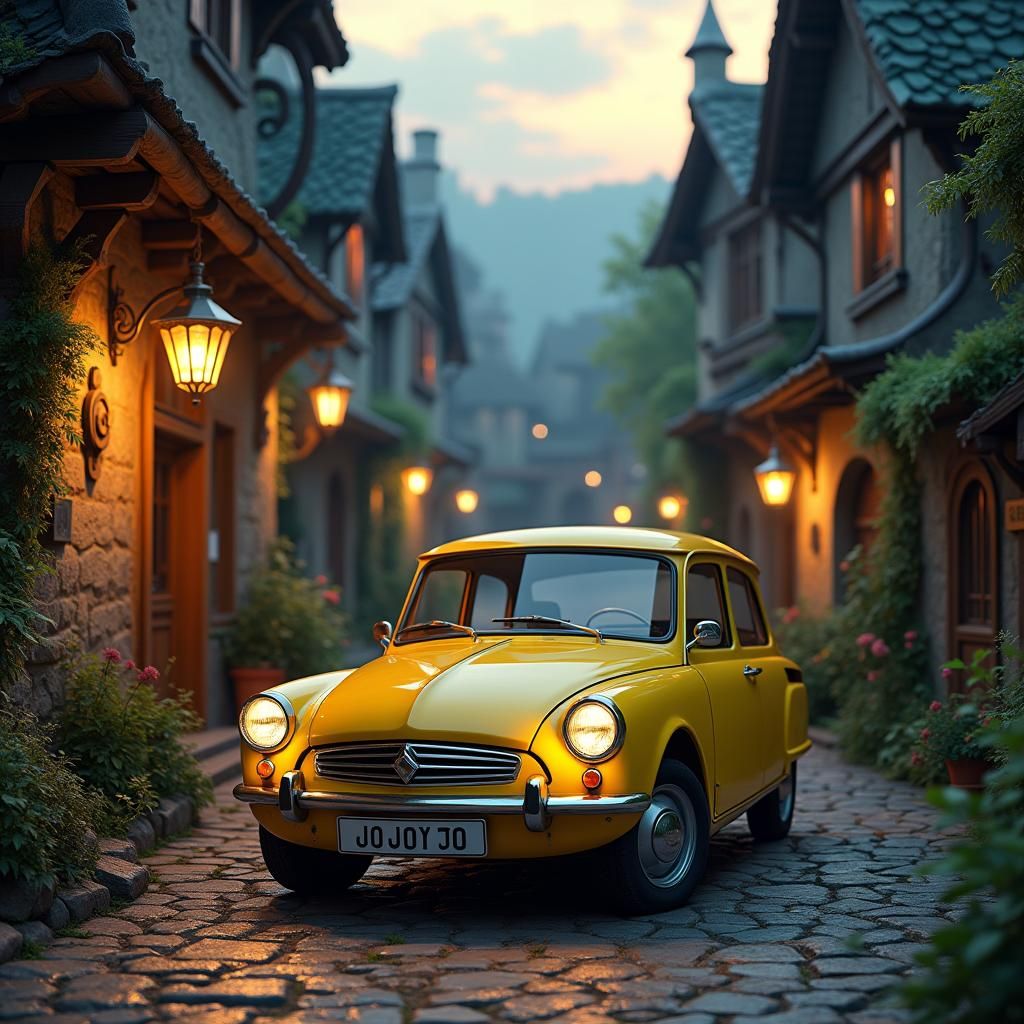 Vintage Citroën Visa in Medieval Village at Dusk