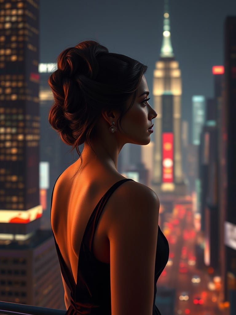 Contemplative Woman Gazing at Cityscape under Nighttime Stre...