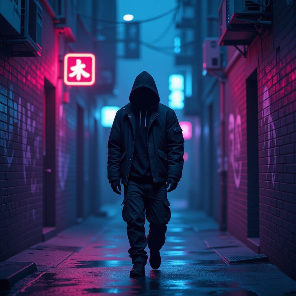 Mysterious Figure in Neon Alleyway, Futuristic Art Style