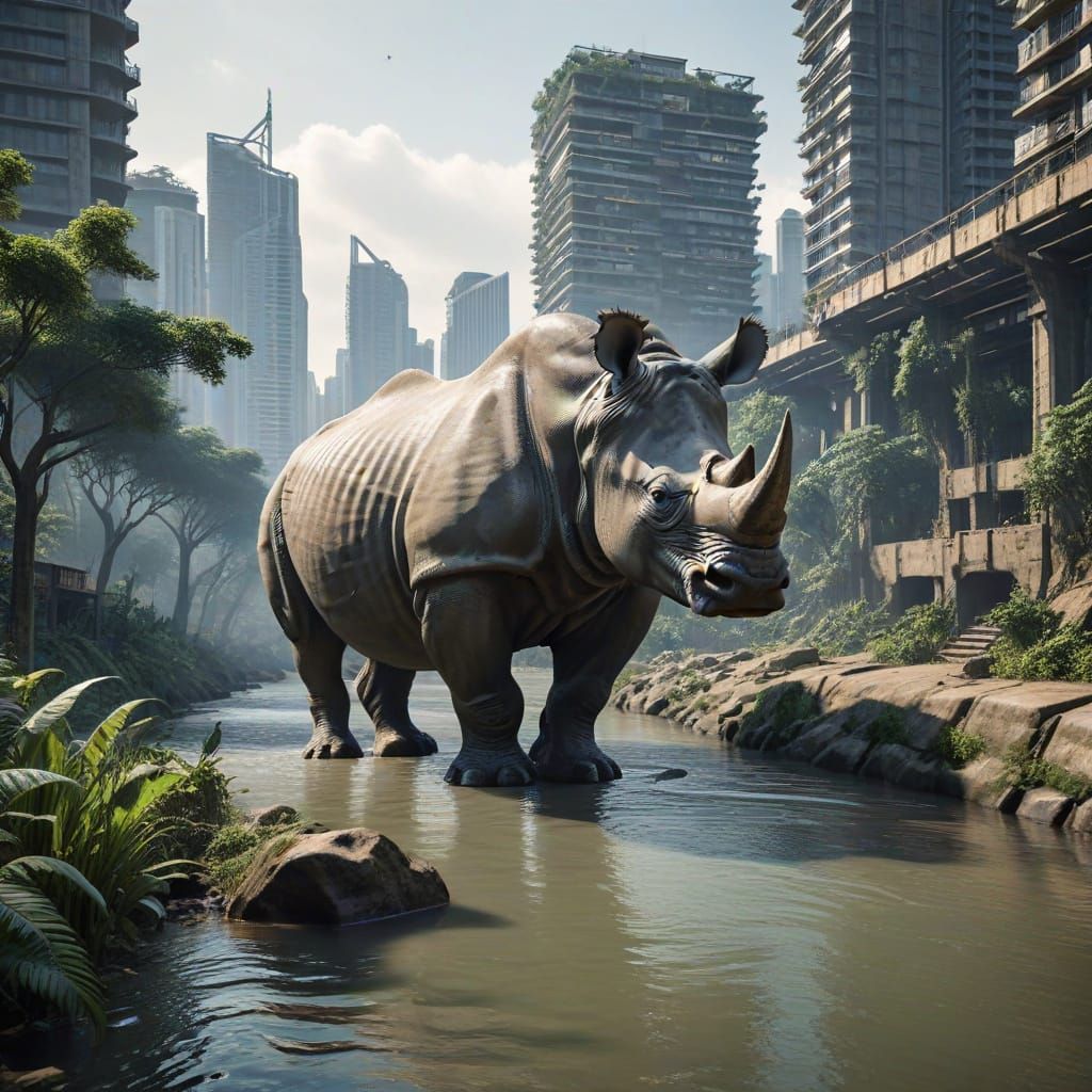 Rhinoceros in a Futuristic Megastructure