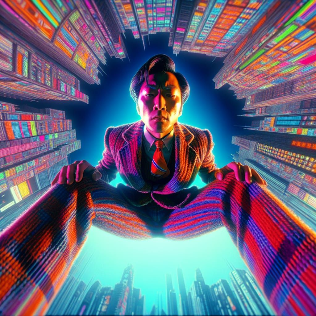 Surreal Neon Japanese Man in a Dramatic Skyline