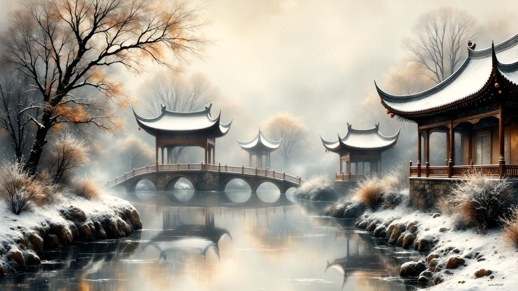 Vintage Chinese Garden in Gentle Snowstorm, Ink Wash Style
