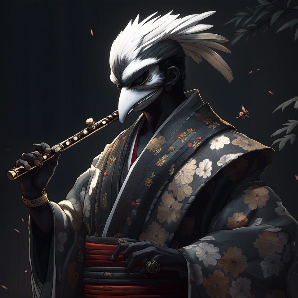 Aarakocra Samurai Plays Flute, Dark Fantasy Concept Art